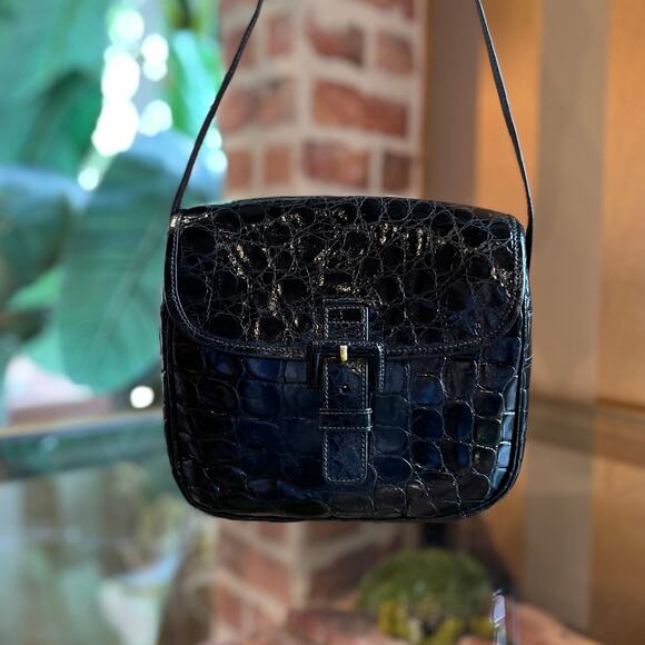 PRADA Black Vintage Croc Leather Shoulder Bag DIA298 - Picture 1 of 9